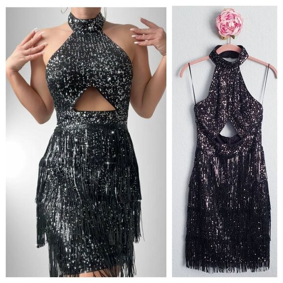 Shein Black Sequin Fringe Cutout Halter Mini‎ Dress - Picture 1 of 8